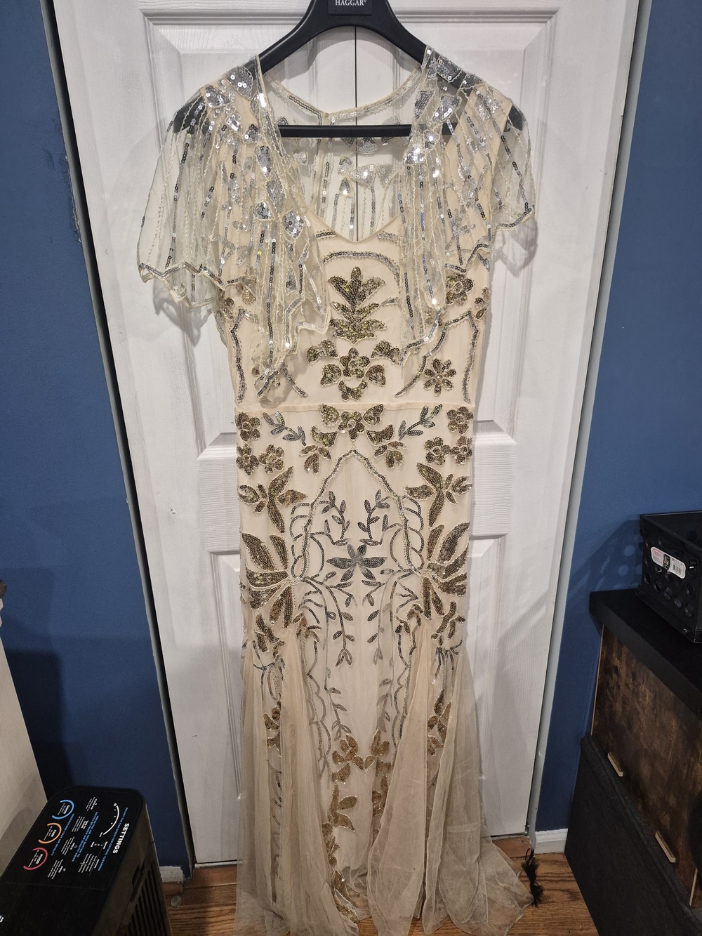 XL 1920s Art Deco Style Beaded Formal Maxi Dress & Sequin Capelet Set